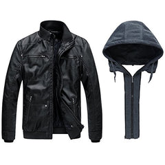 Wantdo Men's Faux Leather Jacket Detachable Hood Coat