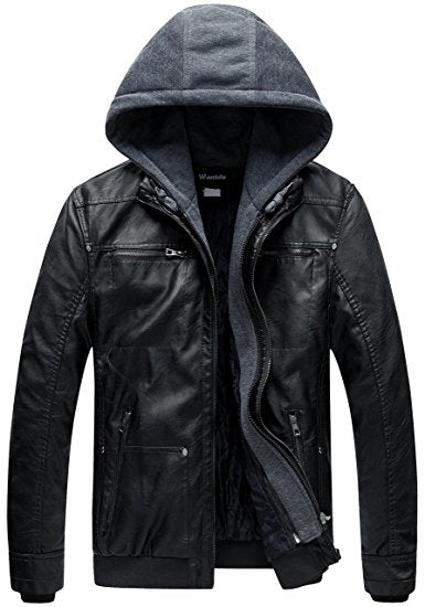 Wantdo Men's Faux Leather Jacket Detachable Hood Coat