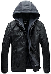 Wantdo Men's Faux Leather Jacket Detachable Hood Coat