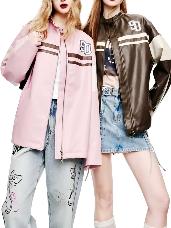 90 Patch Stripes Oversized Leather Jacket For Women's