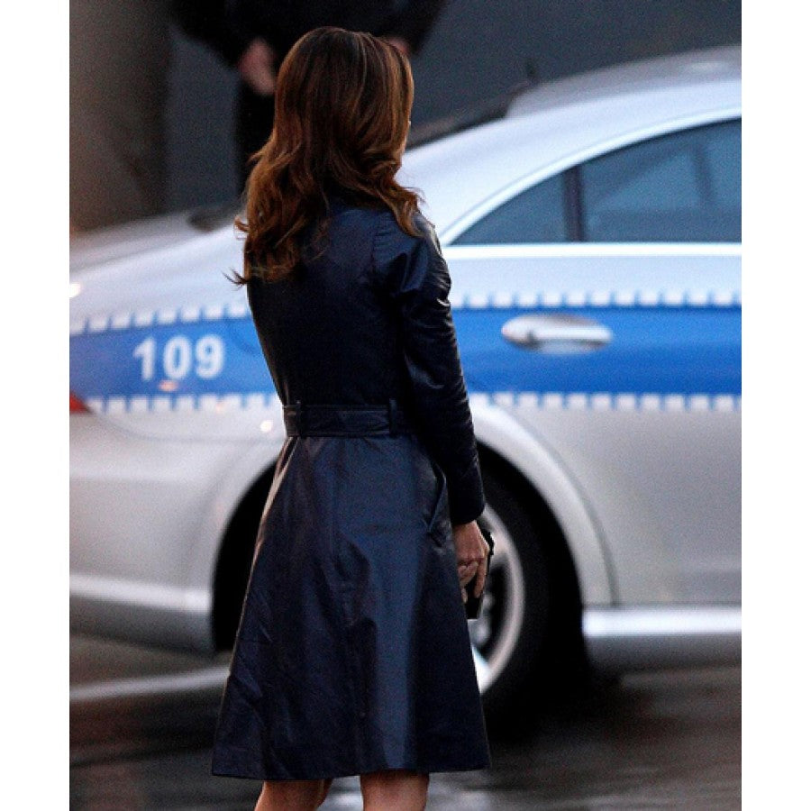 A Team Jessica Biel Navy Blue Long Leather Coat