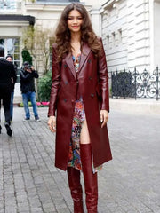 Zendaya Burgundy Leather Trench Coat
