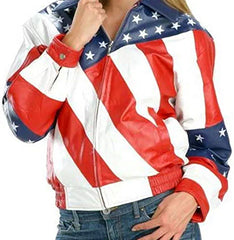 American Flag Cropped Style Women Biker Leather Jacket