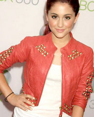 Ariana Grande Red Studded Red Cropped Leather Jacket