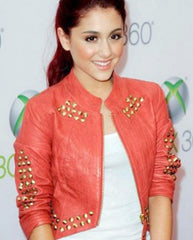 Ariana Grande Singer Project Natal Premier Red Cropped Studded Leather Jacket
