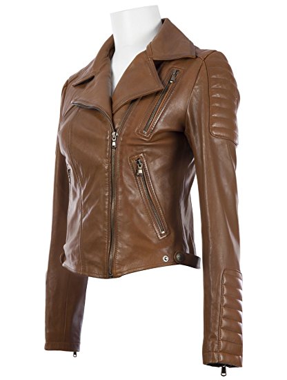 Aviatrix Women's Brown Leather Jacket With Asymmetric Zipper K014