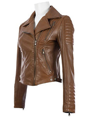 Aviatrix Women's Brown Leather Jacket With Asymmetric Zipper K014
