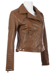 Aviatrix Women's Brown Leather Slim Fit Jacket With Asymmetric Zipper 