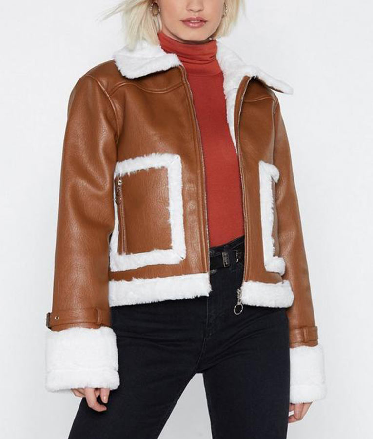 Brown Cropped Shearling Zipper Jacket