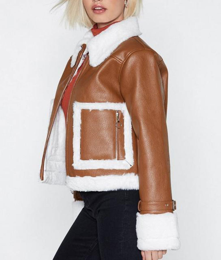 Brown Cropped Shearling Zipper Jacket