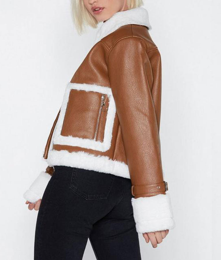 Brown Cropped Shearling Zipper Jacket