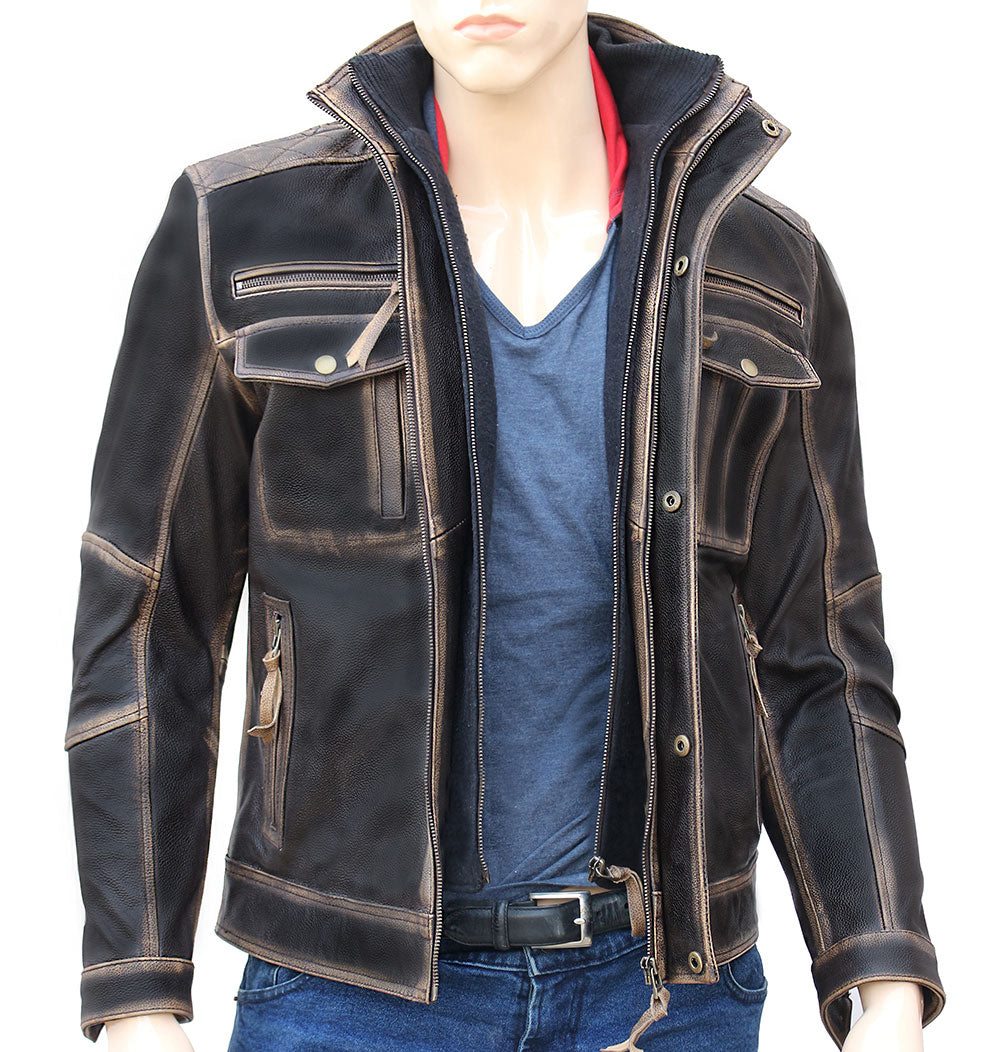 Brown Distressed Modified Leather Jacket For Men