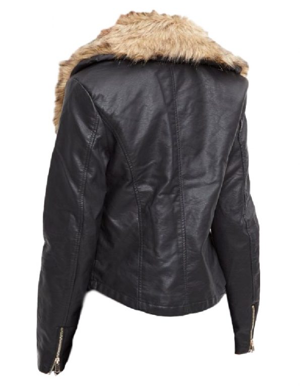 Faux Fur Collar Black Leather Jacket