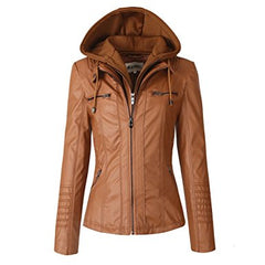 Blivener Womens Classic Faux Leather Hooded  Brown Jackets