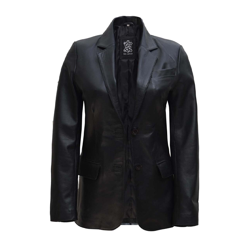 Button Closure Black Leather Jacket for Women