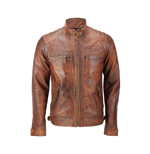 Cafe Racer Men Vintage Biker Distressed Quilted Brown Leather Jacket