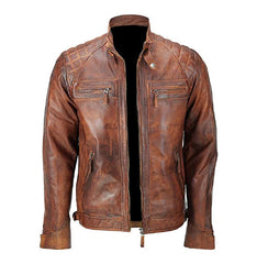 Cafe Racer Men Vintage Biker Distressed Quilted Brown Leather Jacket