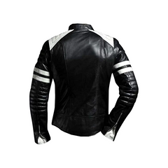 Cafe Racer Motorcycle White Stripes Black Leather Jacket