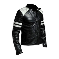 Cafe Racer Motorcycle White Stripes Black Leather Jacket