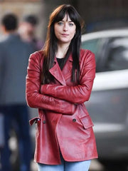 Madame Web Dakota Johnson 2024 Maroon Double Breasted Leather Coat