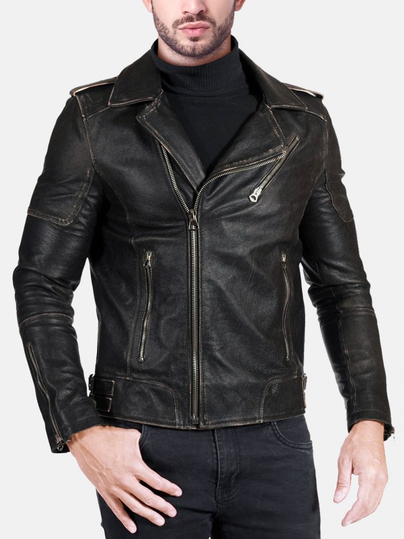 Vintage Cafe Racer Distressed Black Leather Jacket