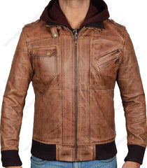 Real Leather Brown Hooded Jacket Men Edinburgh in Bomber Style