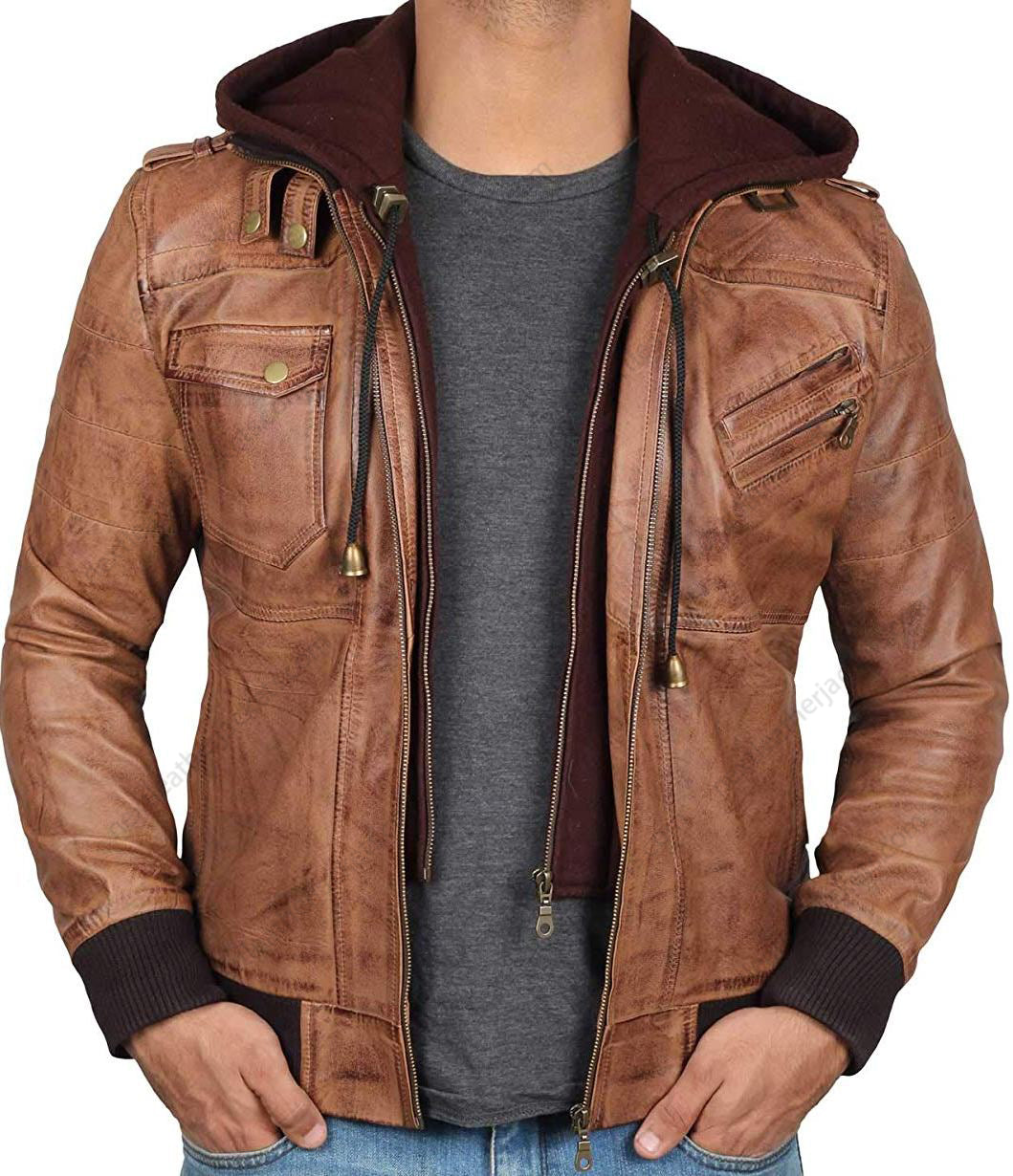 Edinburgh Bomber Brown Leather Jacket With Hood