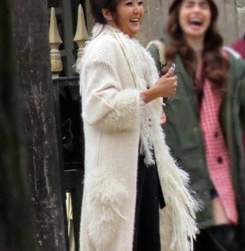 Emily in Paris Mindy Chen White Wool Trench Coat