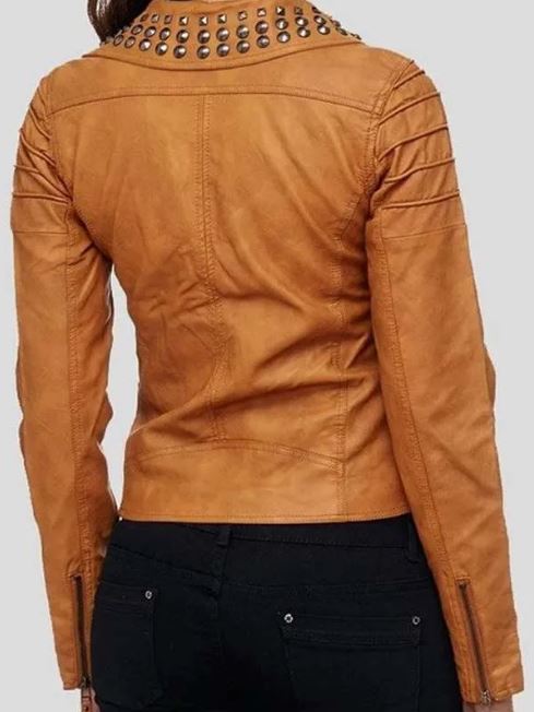 Fashionable Studded Brown Women Biker Leather Jacket