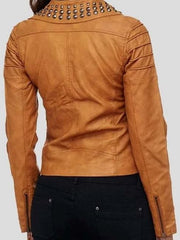 Fashionable Studded Brown Women Biker Leather Jacket