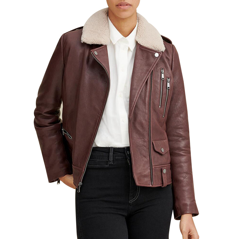 Francesca Shearling Collar Leather Jacket