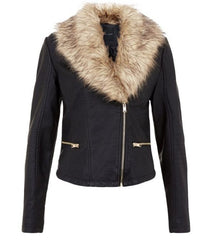 Faux Fur Collar Black Leather Jacket