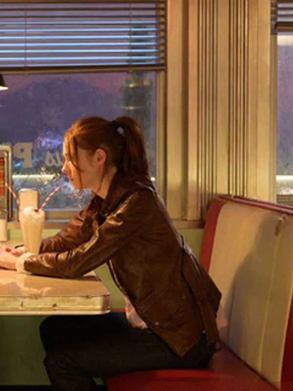 Gunpowder Milkshake Karen Gillan Brown Leather Jacket