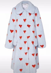 Heart Printed White Shearling Long Coat
