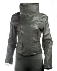 Ladies Black Dual Collar Biker Style Leather Jacket