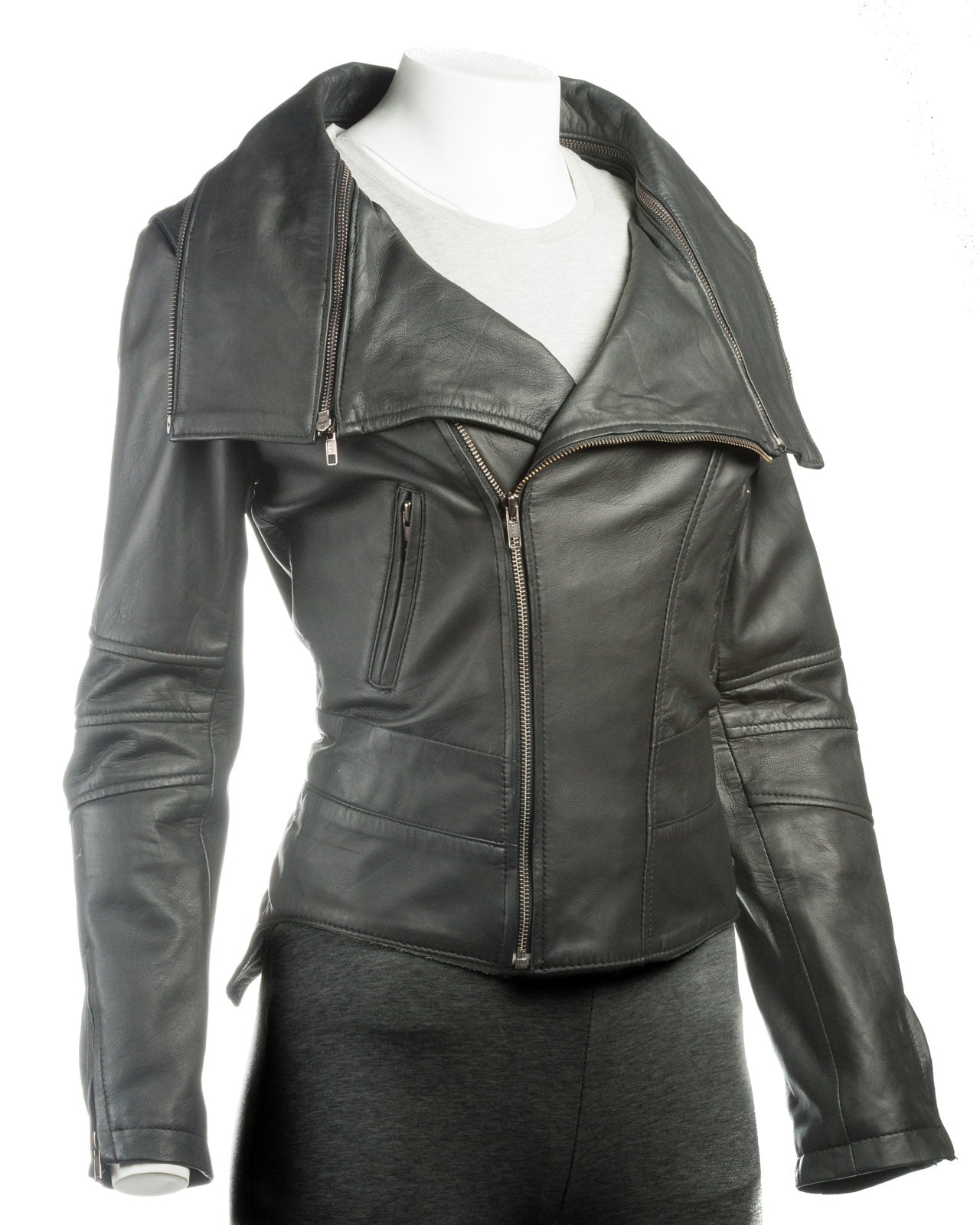 Ladies Black Dual Collar Biker Style Leather Jacket