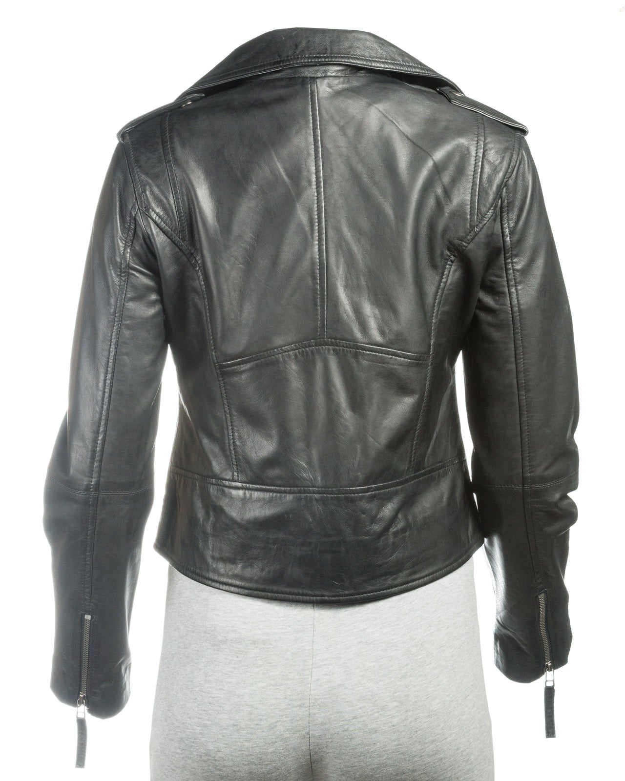 Ladies Black Short And Simple Asymmetric Biker Style Leather Jacket