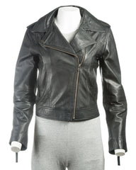 Ladies Black Short And Simple Asymmetric Biker Style Leather Jacket