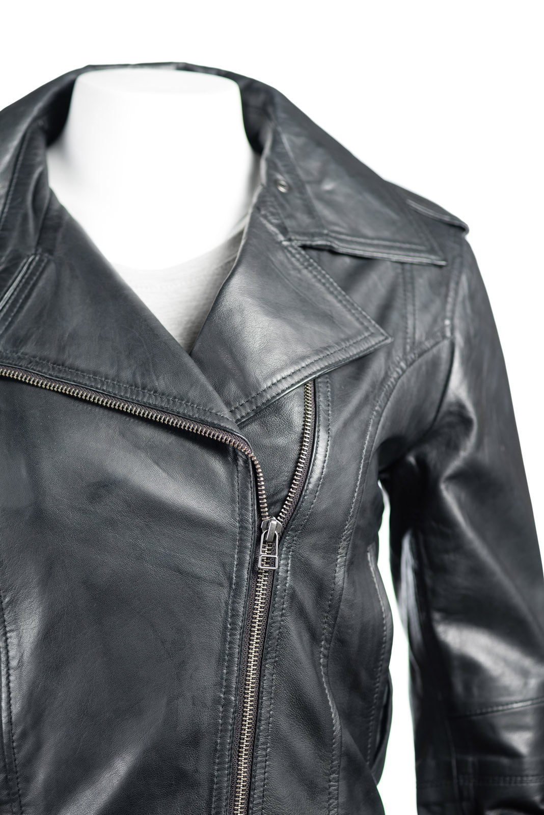 Ladies Black Short And Simple Asymmetric Biker Style Leather Jacket