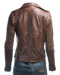 Ladies Brown Short And Simple Asymmetric Biker Style Leather Jacket