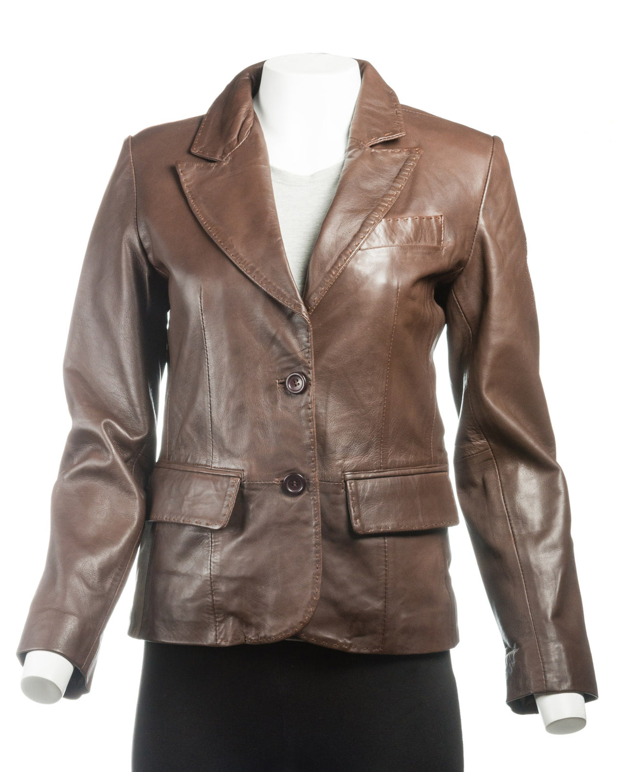 Ladies Brown Short Two Button Single Breasted Leather Blazer