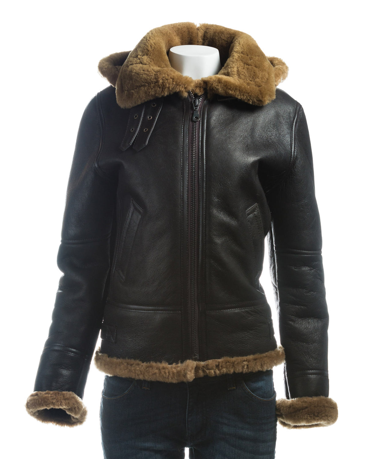 Ladies Brown and Ginger Vertical Zip Sheepskin Flight Jacket