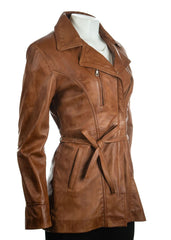 Ladies Cognac Tan Mid Length Zip Up Belted Leather Coat