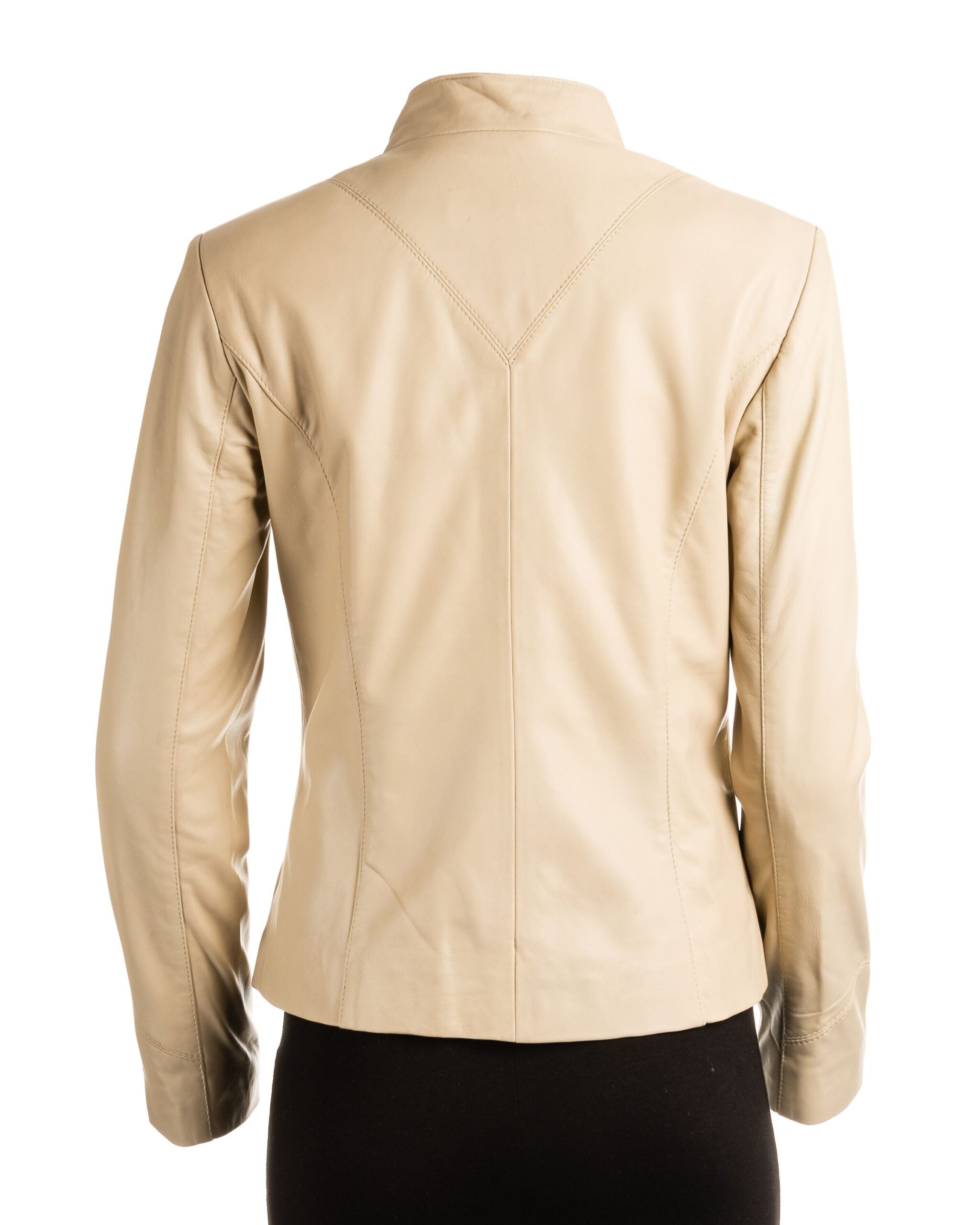 Ladies Cream Beige Plain Short Zipped Leather Jacket