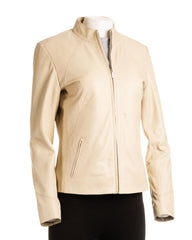 Ladies Cream Beige Plain Short Zipped Leather Jacket