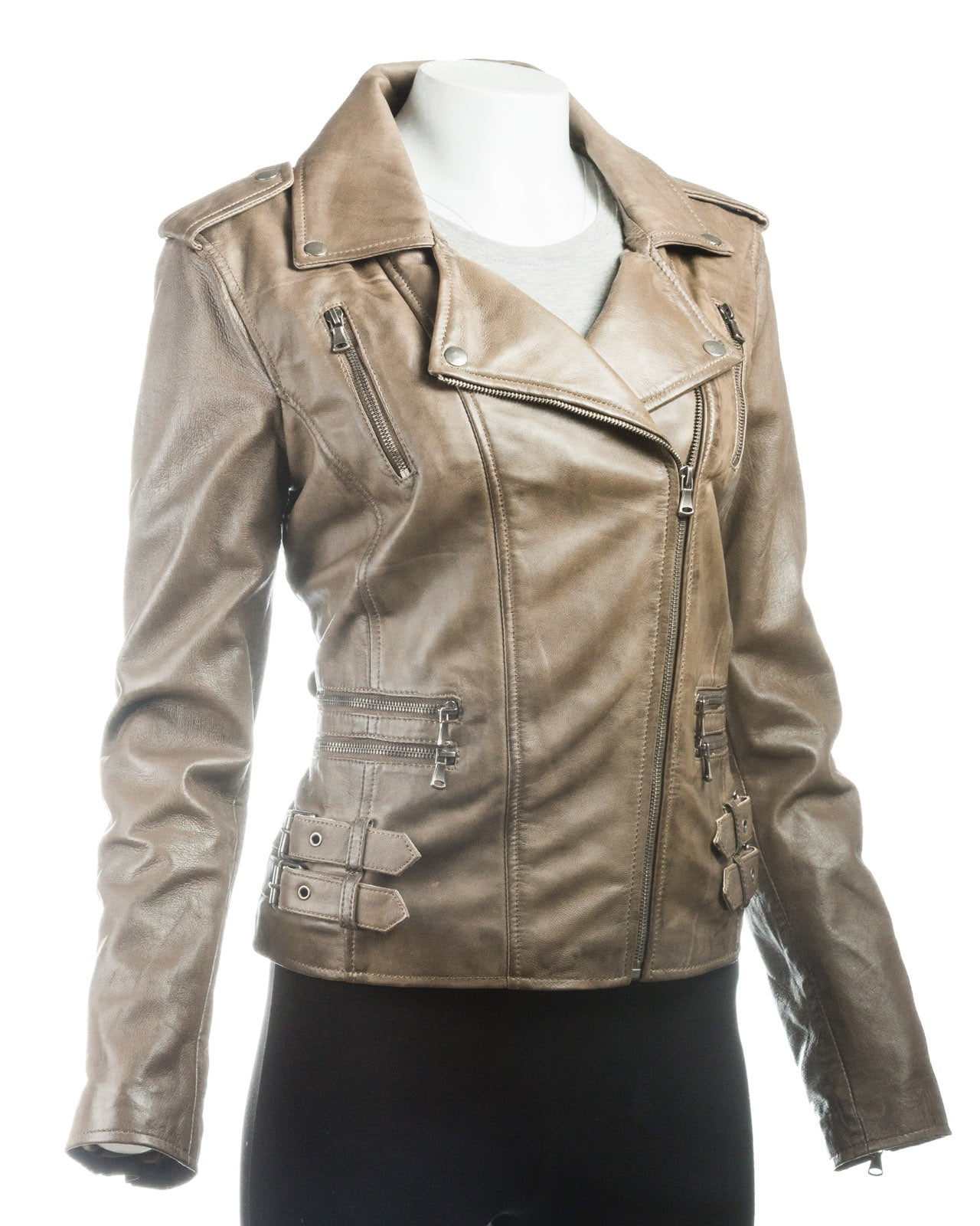 Ladies Olive Buckled Asymmetric Biker Style Leather Jacket