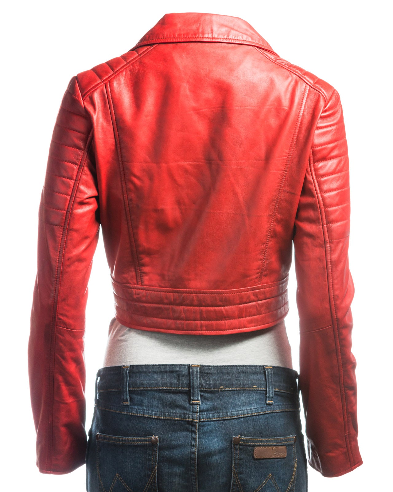 Ladies Red Short Collared Slim Fit Leather Biker Style Jacket