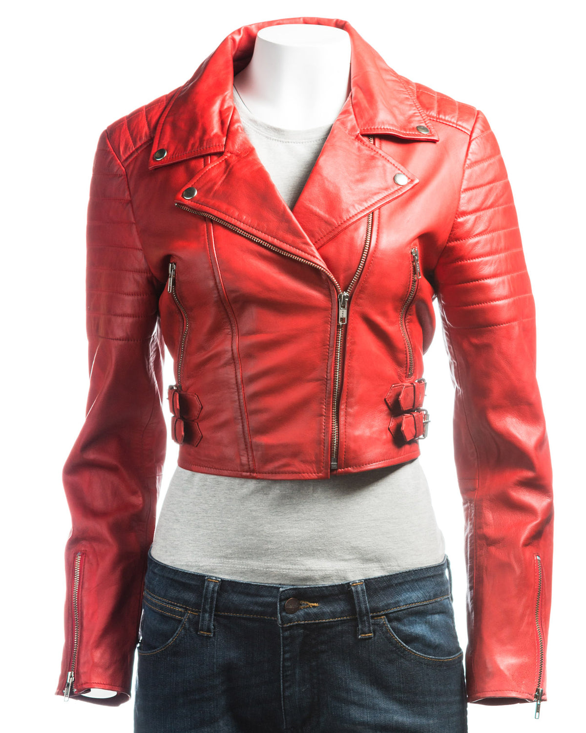 Ladies Red Short Collared Slim Fit Leather Biker Style Jacket