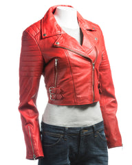 Ladies Red Short Collared Slim Fit Leather Biker Style Jacket