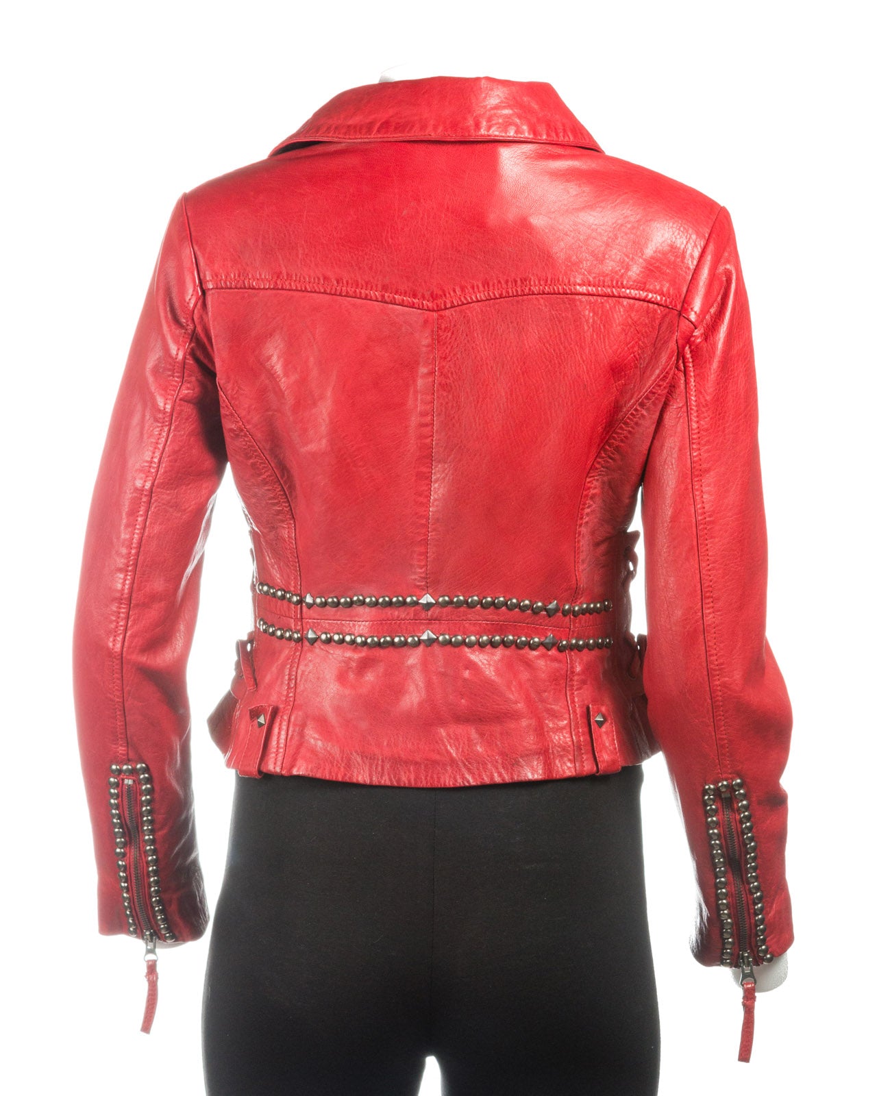 Ladies Red Stud Detail Slim Fit Biker Style Leather Jacket